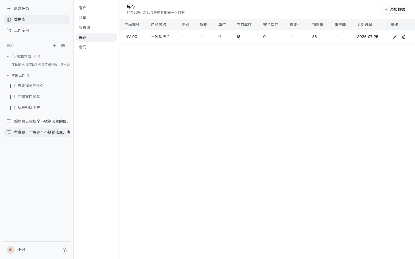 库存台账:不锈钢法兰库存从 20 自动扣减为 18